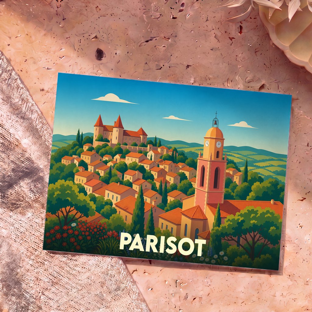 Carte postale souvenir de la ville de Parisot avec une illustration stylisée d'un village perché.