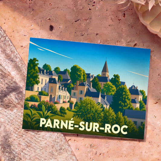 Carte postale souvenir de la ville de Parné-sur-Roc avec une illustration stylisée de ses maisons et de son église.