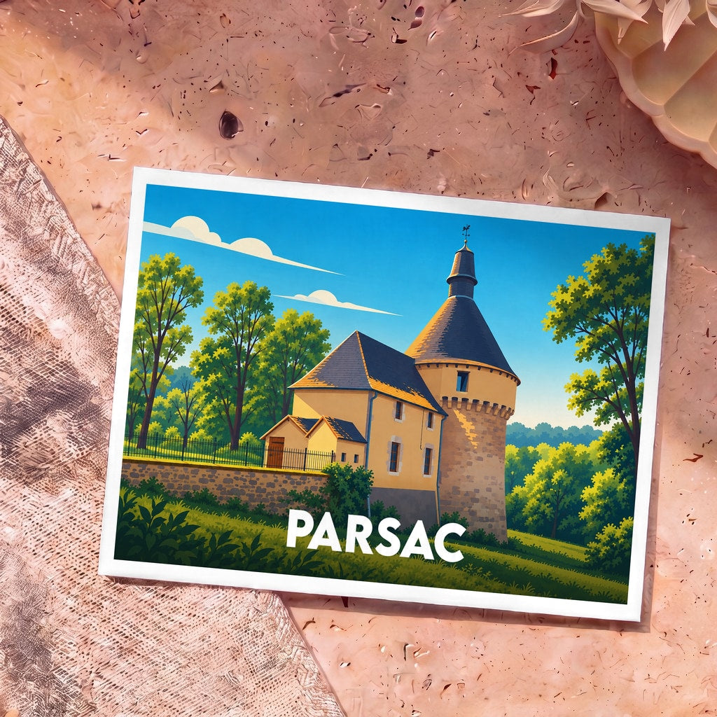 Carte postale souvenir de la ville de Parsac avec une illustration stylisée d'un château.