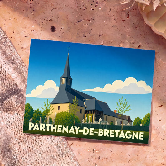 Carte postale souvenir de la ville de Parthenay-de-Bretagne avec une illustration stylisée de son église.
