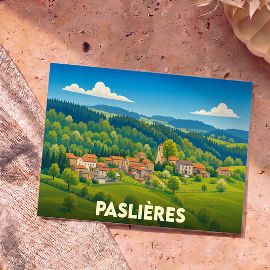 Carte postale souvenir de la commune de Paslières avec une illustration stylisée de son village vallonné.
