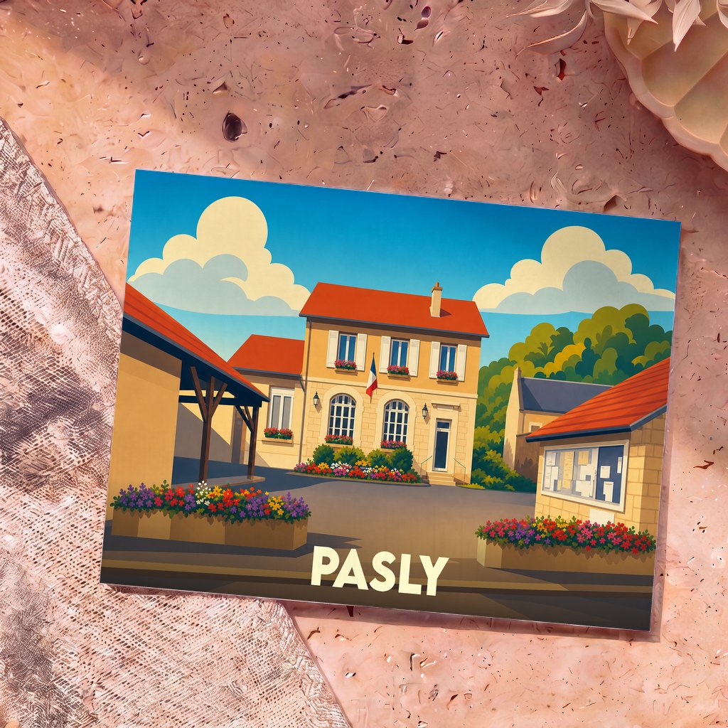 Carte postale souvenir de la ville de Pasly avec une illustration colorée et stylisée de sa mairie fleurie.