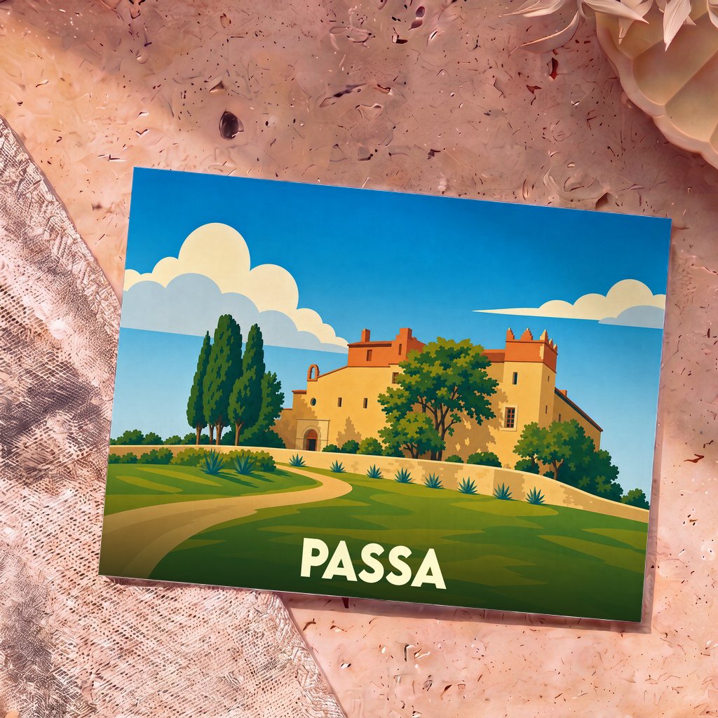 Carte postale souvenir de la ville de Passa avec une illustration stylisée d'un domaine provençal sous un ciel bleu.