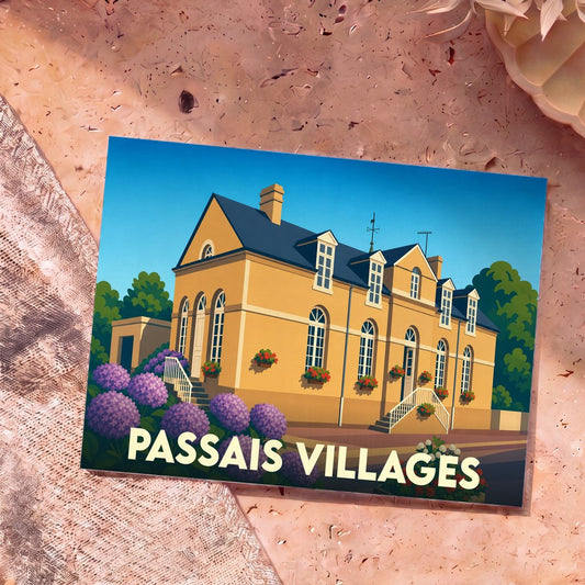 Carte postale souvenir de Passais Villages avec une illustration stylisée d'une grande demeure fleurie.