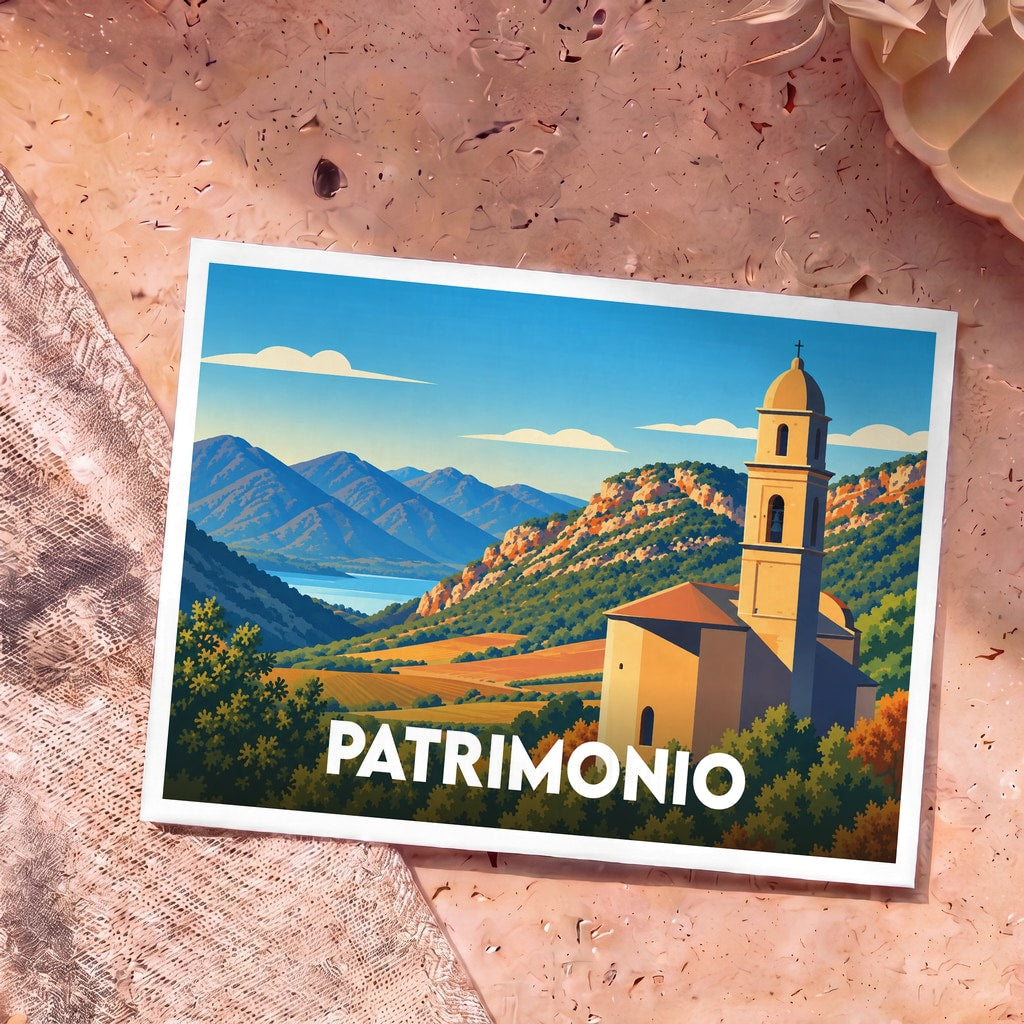 Carte postale souvenir de Patrimonio illustrant son église emblématique et son paysage montagneux dans un style graphique épuré.