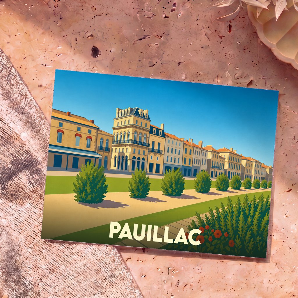 Carte postale souvenir de la ville de Pauillac avec une illustration stylisée de son front de mer.