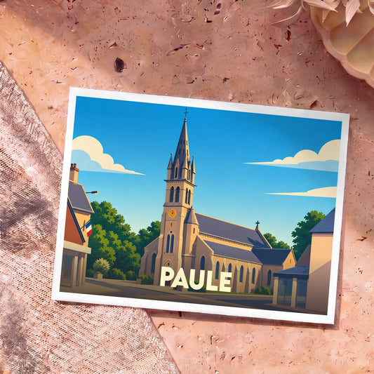 Carte postale souvenir de la ville de Paule avec une illustration stylisée de son église sous un ciel bleu.