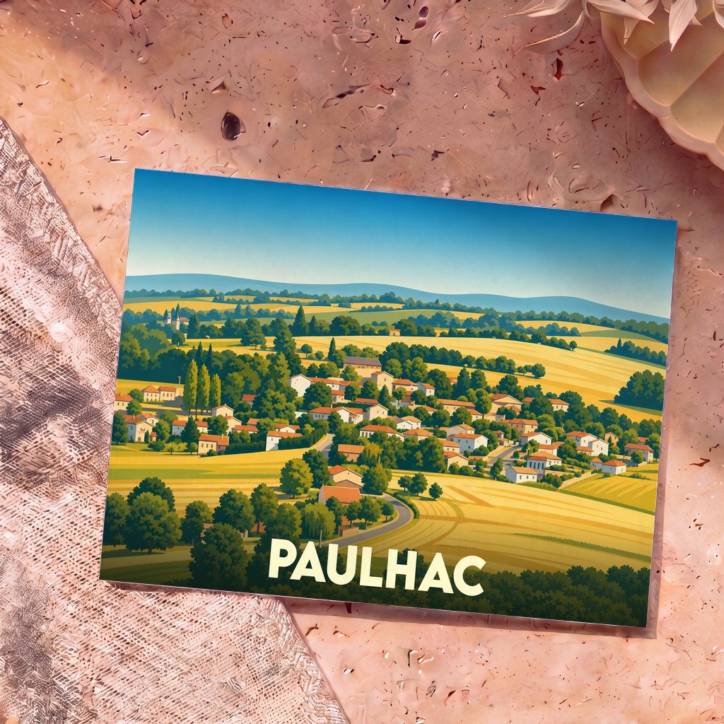 Carte postale souvenir de la ville de Paulhac avec une illustration stylisée de son paysage vallonné.