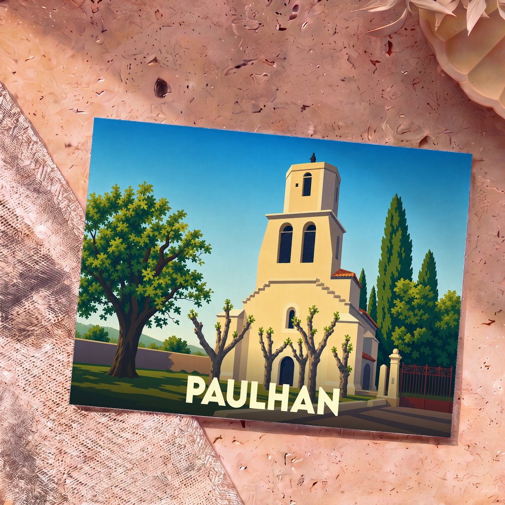 Carte postale souvenir de la ville de Paulhan avec une illustration stylisée de son église et de sa végétation.