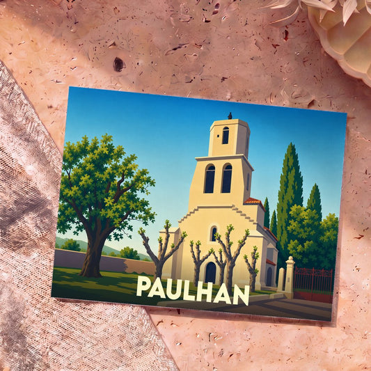 Carte postale souvenir de la ville de Paulhan avec une illustration stylisée de son église et de sa végétation.