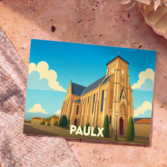 Carte postale souvenir de la ville de Paulx avec une illustration stylisée de son église sous un ciel bleu.