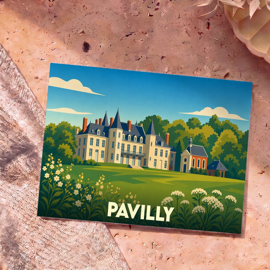Carte postale souvenir de la ville de Pavilly avec une illustration stylisée d'un château et de son parc.