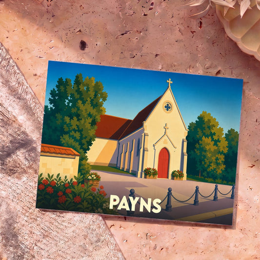 Carte postale souvenir de la ville de Payns illustrant son église dans un style graphique et coloré.