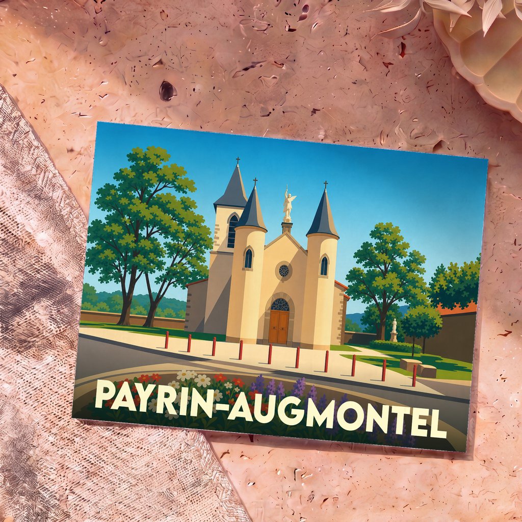 Carte postale souvenir de la ville de Payrin-Augmontel avec une illustration stylisée de son église.