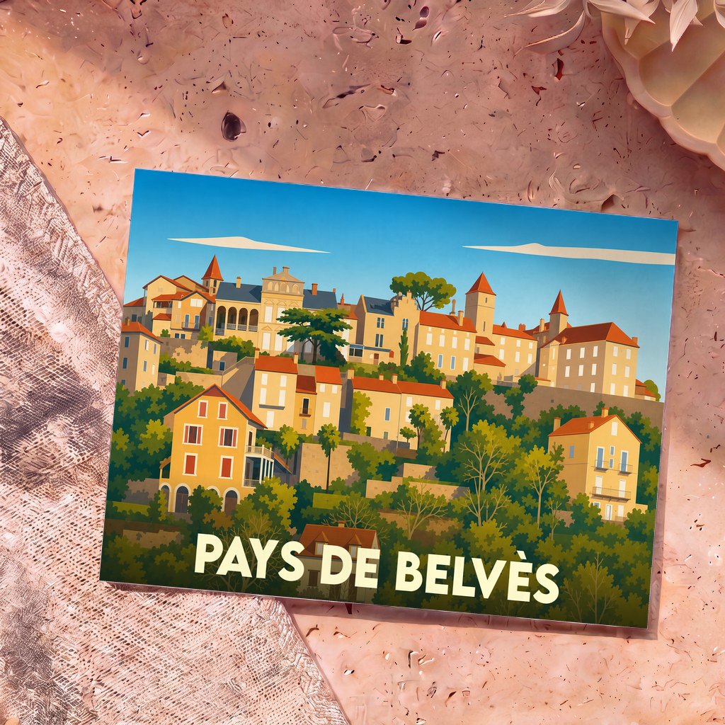 Carte postale souvenir de la ville de Pays de Belvès avec une illustration stylisée et colorée.