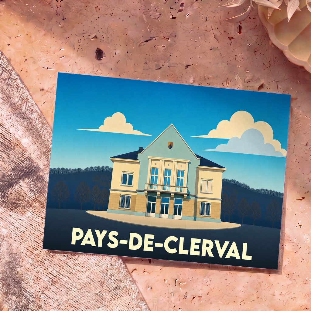 Carte postale souvenir de la ville de Pays-de-Clerval avec une illustration stylisée de l'hôtel de ville.