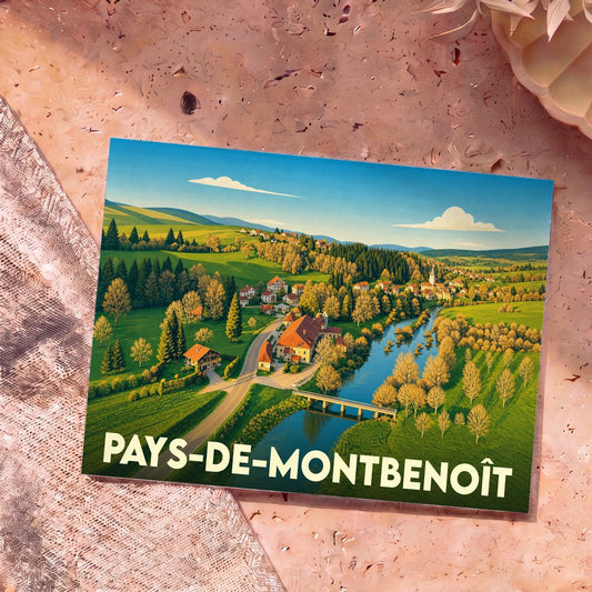 Carte postale souvenir du Pays-de-Montbenoît illustrant un paysage rural pittoresque avec son abbaye et la rivière du Doubs.