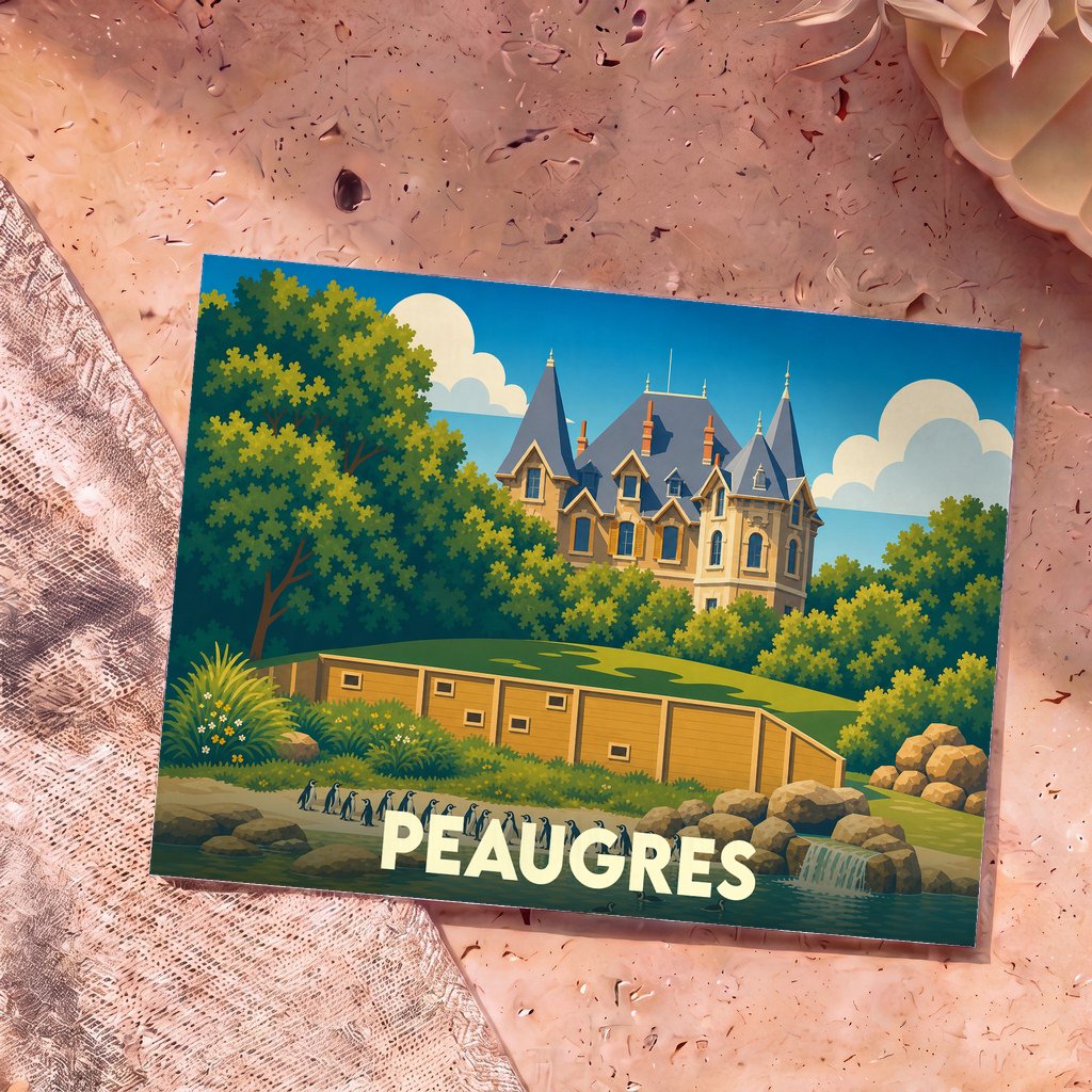 Carte postale souvenir de la ville de Peaugres avec une illustration stylisée d'un château et de manchots.