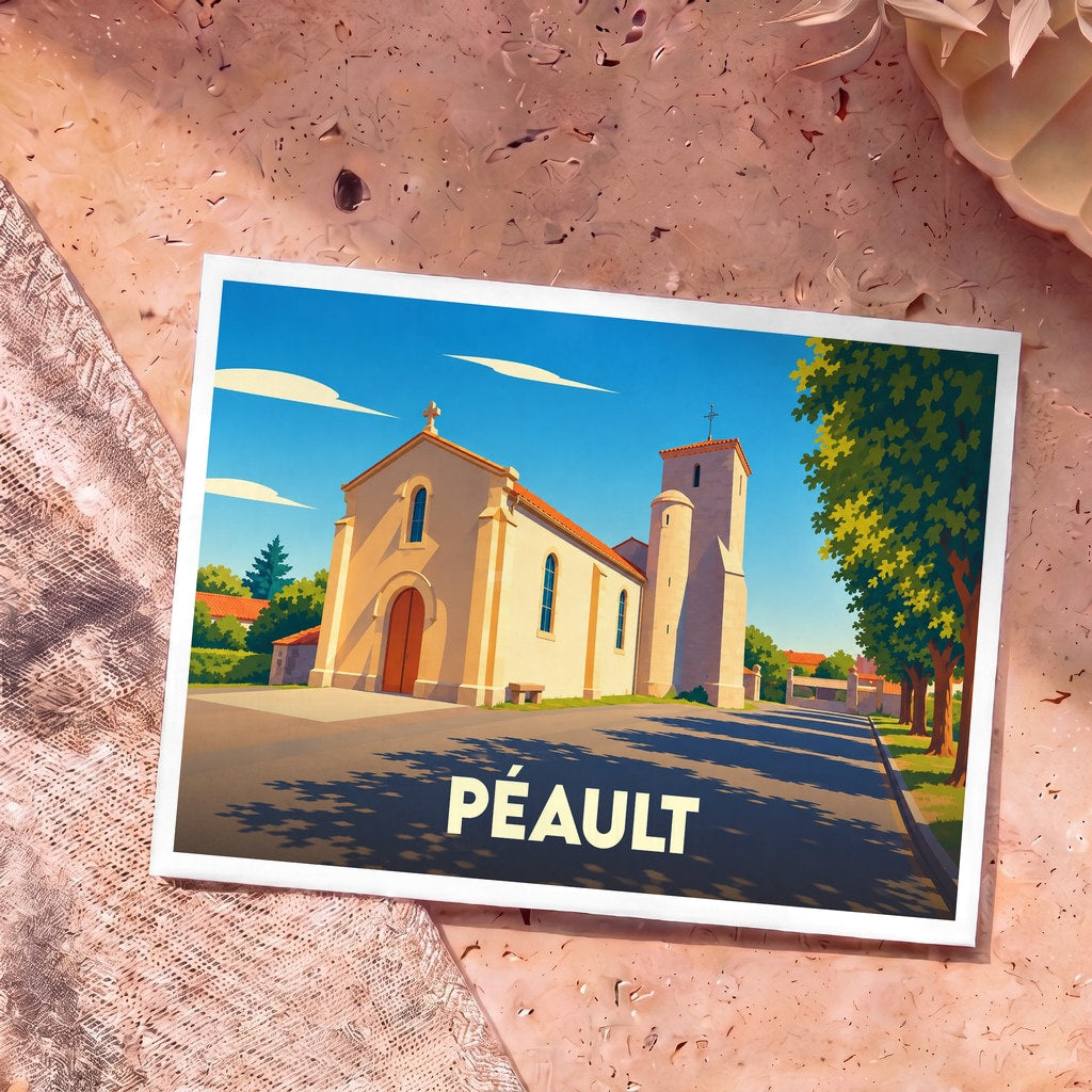 Carte postale souvenir de la ville de Péault illustrant son église avec un style graphique épuré.