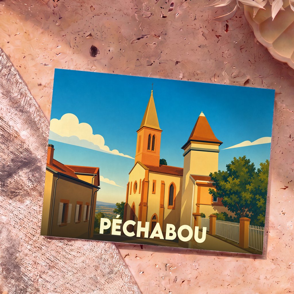 Carte postale souvenir de la ville de Péchabou avec une illustration stylisée de son église.