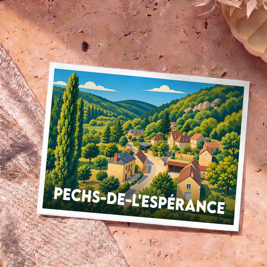 Carte postale souvenir de Pechs-de-l'Espérance avec une illustration stylisée d'un village niché dans une vallée verdoyante.