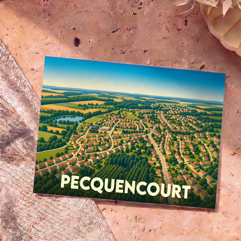 Carte postale souvenir de la ville de Pecquencourt avec une illustration aérienne colorée et stylisée.