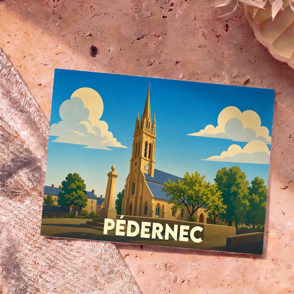 Carte postale souvenir de la ville de Pédernec avec une illustration stylisée de son église.