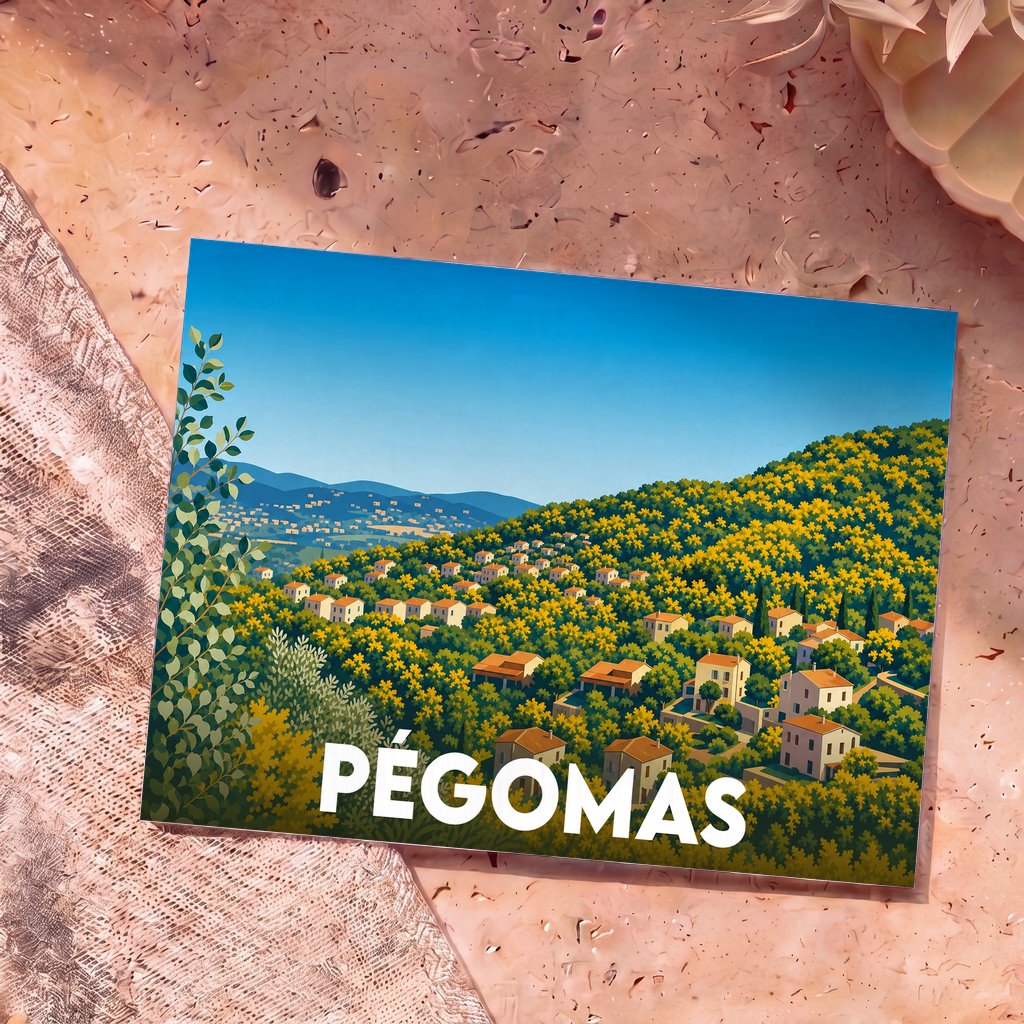 Carte postale souvenir de la ville de Pégomas avec une illustration stylisée de ses collines fleuries et de ses maisons provençales.