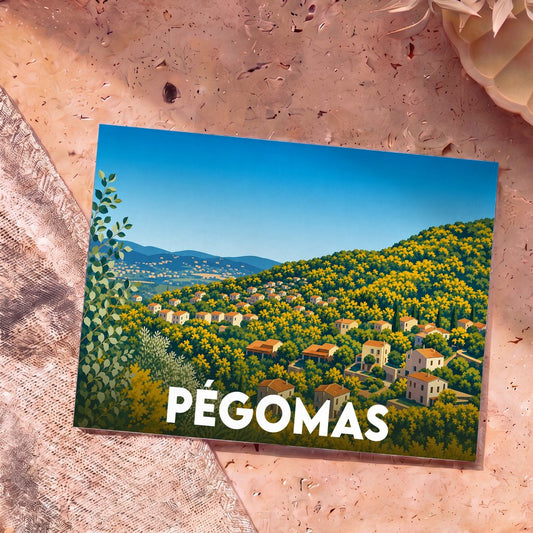 Carte postale souvenir de la ville de Pégomas avec une illustration stylisée de ses collines fleuries et de ses maisons provençales.