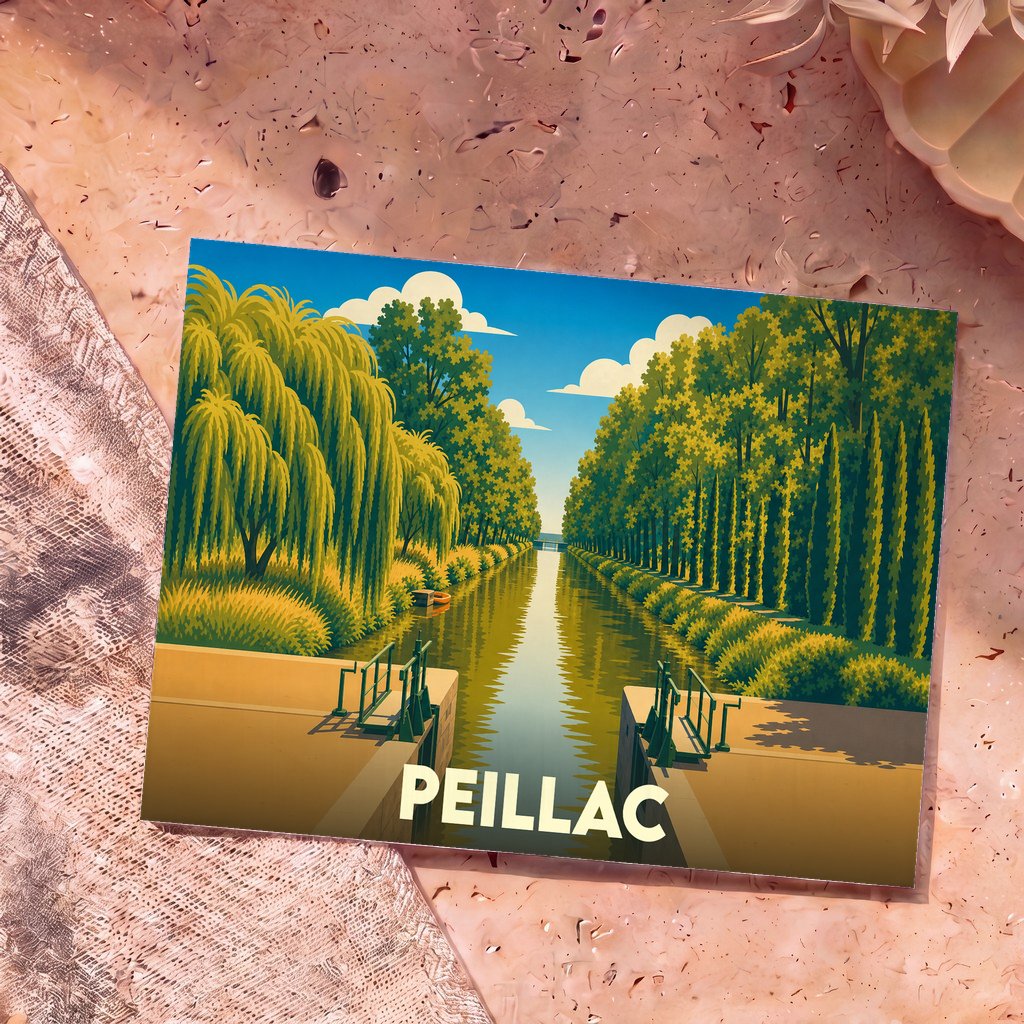 Carte postale souvenir de la ville de Peillac illustrant un canal bordé d'arbres dans un style graphique épuré.