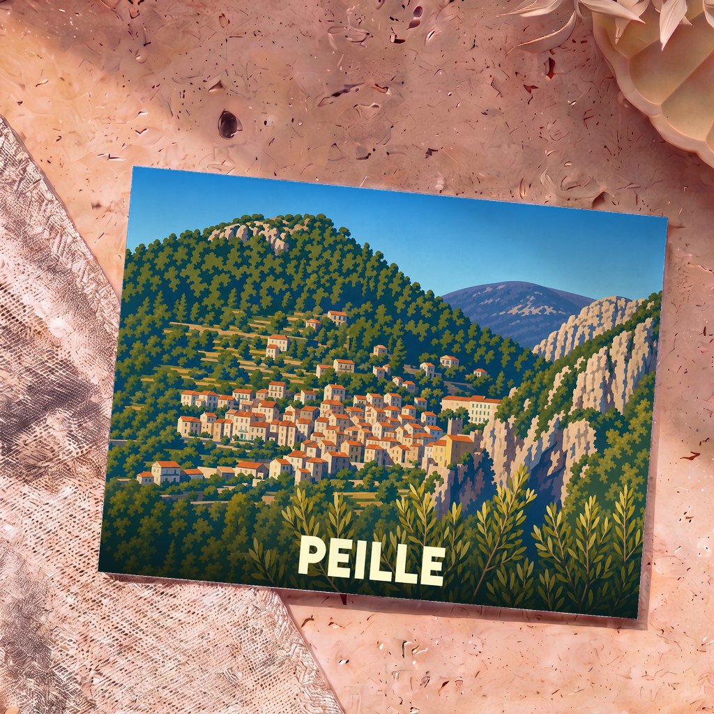 Carte postale souvenir de la ville de Peille illustrant son village perché au cœur d'un paysage montagneux verdoyant.