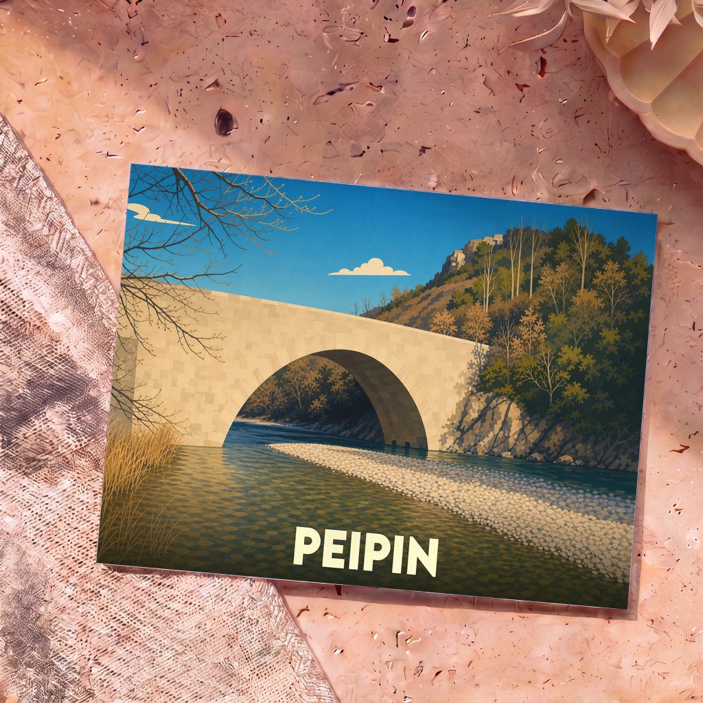 Carte postale souvenir de la ville de Peipin illustrant un pont en pierre au bord de l'eau.