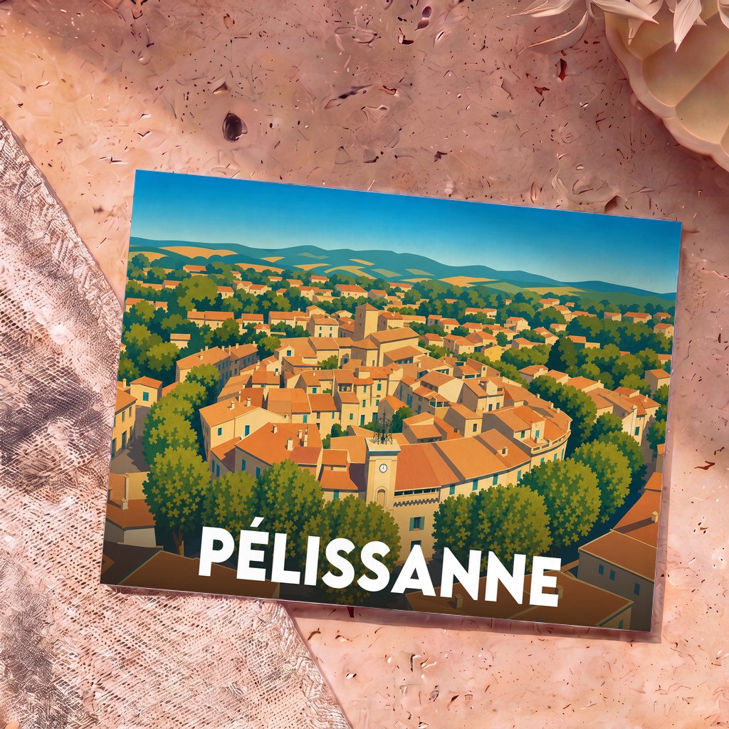 Carte postale souvenir de la ville de Pélissanne avec une illustration stylisée d'un village provençal.