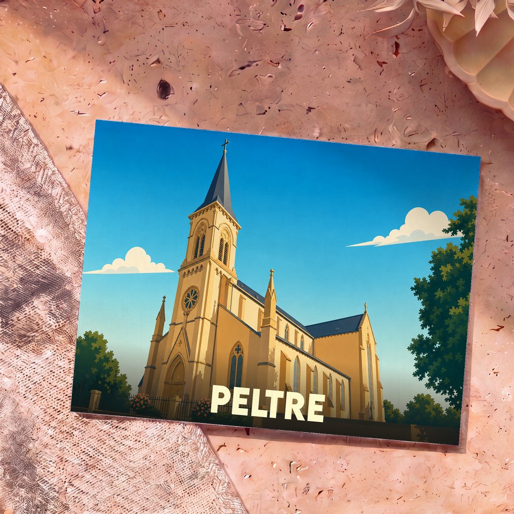 Carte postale souvenir de la ville de Peltre avec une illustration stylisée de son église sous un ciel bleu.