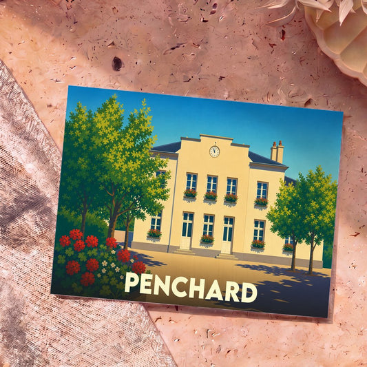 Carte postale souvenir de la ville de Penchard avec une illustration stylisée de sa mairie.