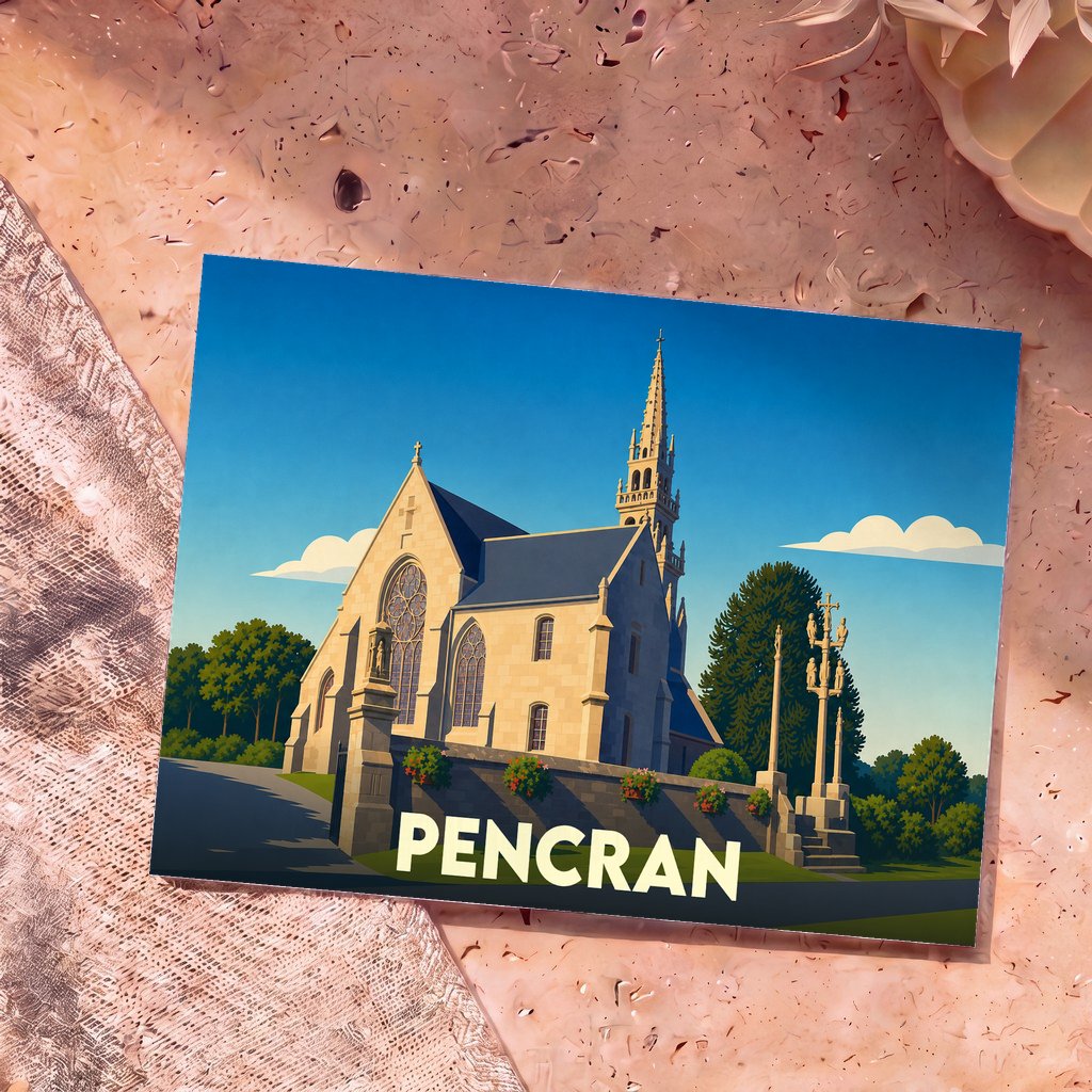 Carte postale souvenir de la ville de Pencran avec une illustration stylisée de son église et de son calvaire.