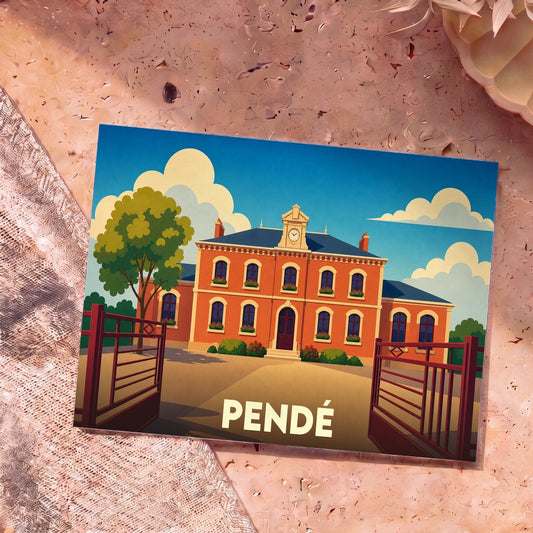 Carte postale souvenir de la ville de Pendé avec une illustration stylisée de sa mairie.