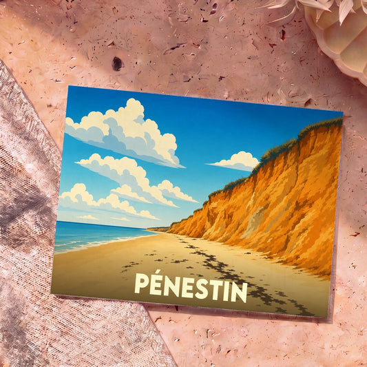 Carte postale souvenir de la ville de Pénestin représentant une illustration stylisée d'une plage bordée de falaises ocres.