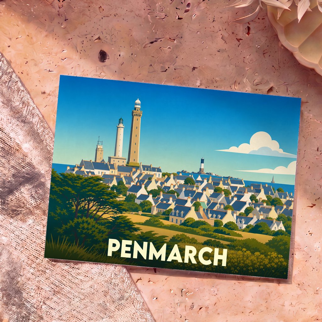 Carte postale souvenir de la ville de Penmarch présentant une illustration stylisée de ses phares et de ses maisons côtières.
