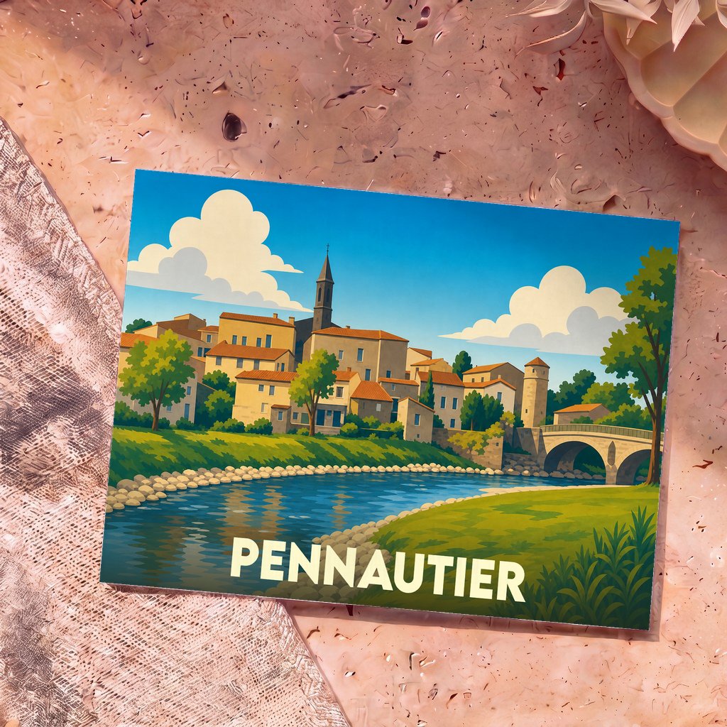 Carte postale souvenir de la ville de Pennautier avec une illustration stylisée d'un village en bord de rivière.