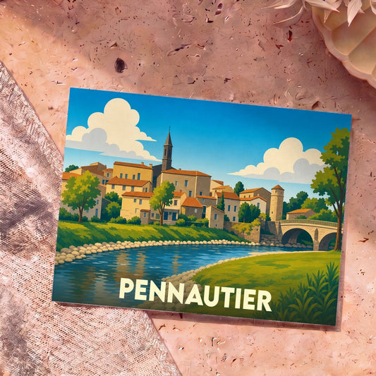 Carte postale souvenir de la ville de Pennautier avec une illustration stylisée d'un village en bord de rivière.