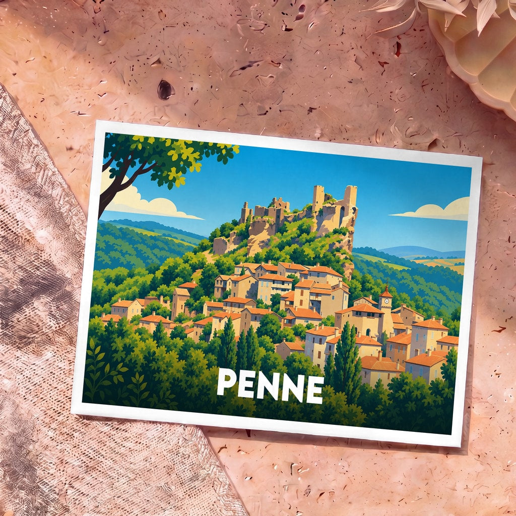 Carte postale souvenir de la ville de Penne illustrant son château et son village perché dans un style graphique coloré.