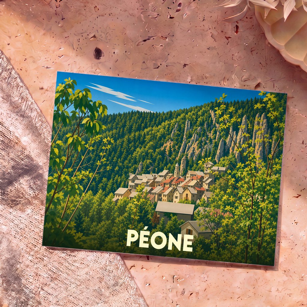 Carte postale souvenir de la ville de Péone avec une illustration stylisée d'un village de montagne niché dans la forêt.