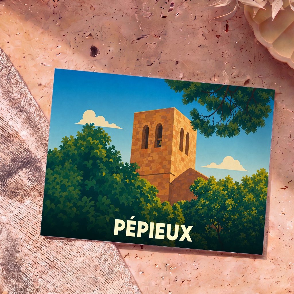 Carte postale souvenir de la ville de Pépieux avec une illustration stylisée de son église entourée de verdure.