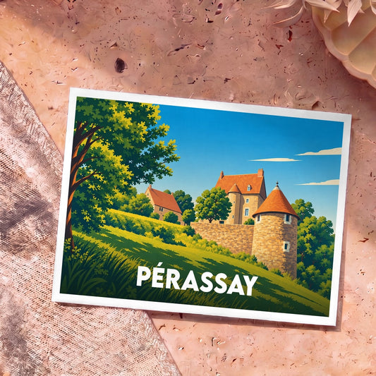 Carte postale souvenir de la ville de Pérassay illustrée d'un paysage de château et de collines verdoyantes.