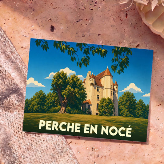 Carte postale souvenir de la ville de Perche en Nocé avec une illustration stylisée d'un manoir.