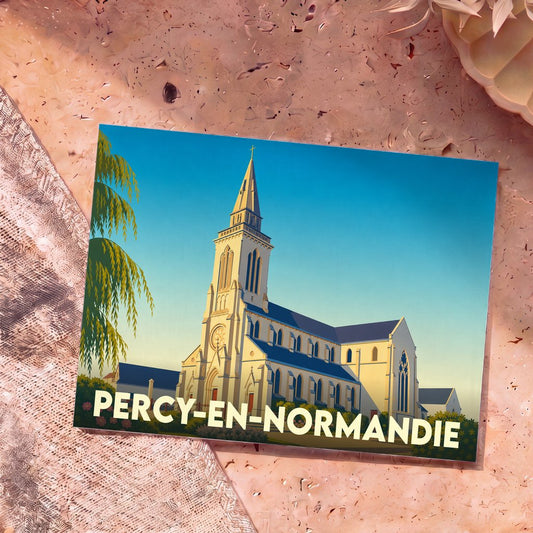Carte postale souvenir de Percy-en-Normandie illustrant son église dans un style graphique épuré.