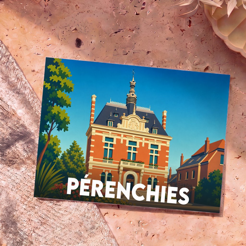 Carte postale souvenir de la ville de Pérenchies illustrant son hôtel de ville dans un style graphique épuré.