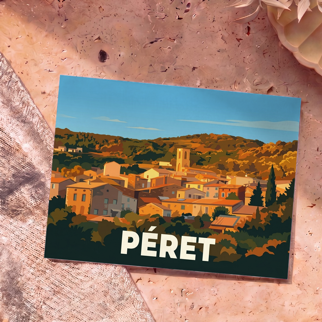 Carte postale souvenir de la ville de Péret avec une illustration stylisée et colorée du village.