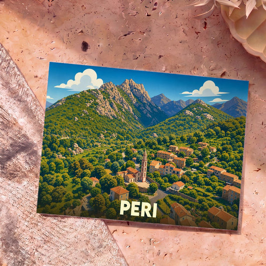 Carte postale souvenir de la ville de Peri avec une illustration stylisée d'un village de montagne corse.